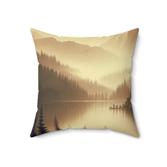 "Dawn at the Lake: A Foggy Mountain Morning" - The Alien Spun Polyester Square Pillow Tonalism Style