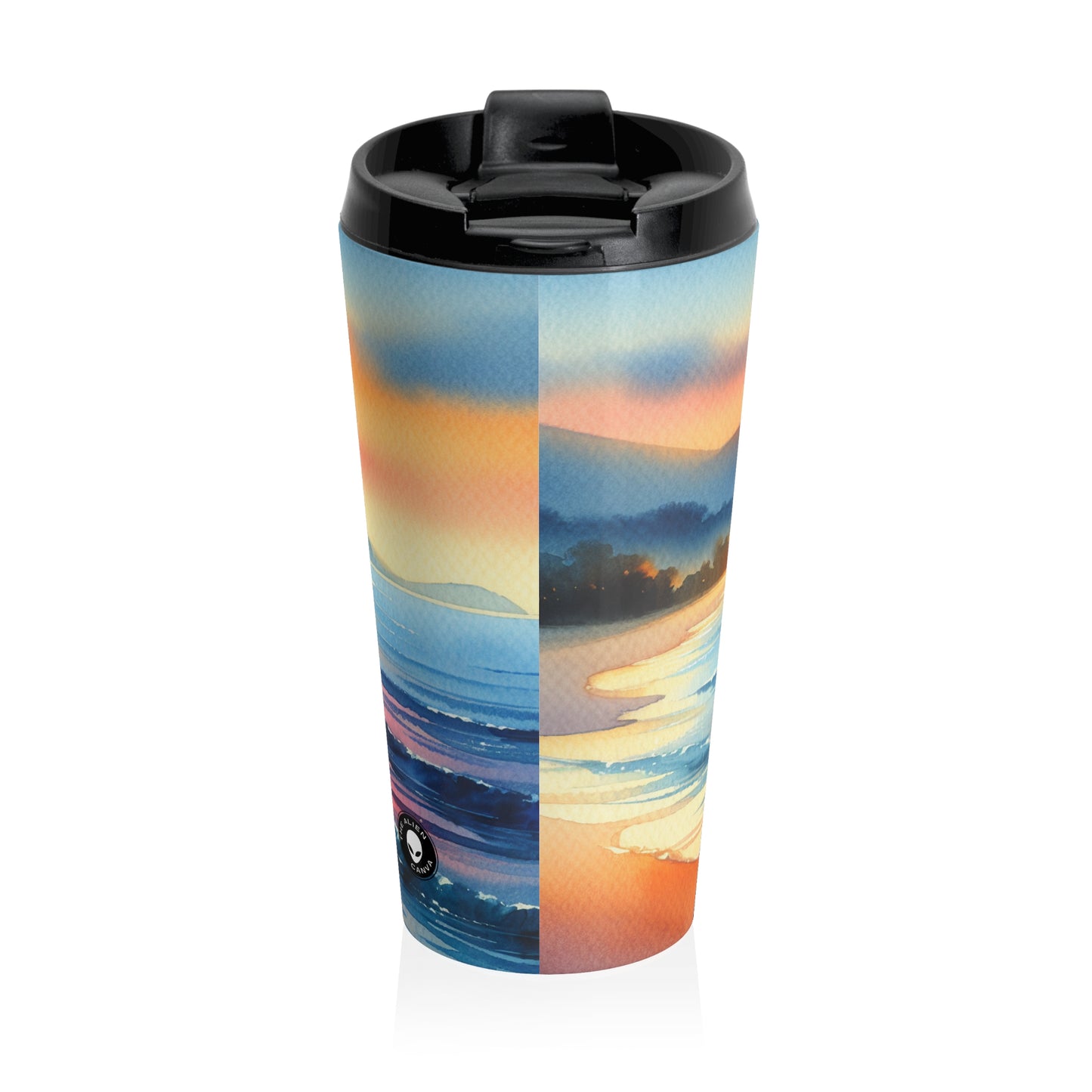 "Amanecer en la playa" - Taza de viaje de acero inoxidable The Alien Pintura de acuarela