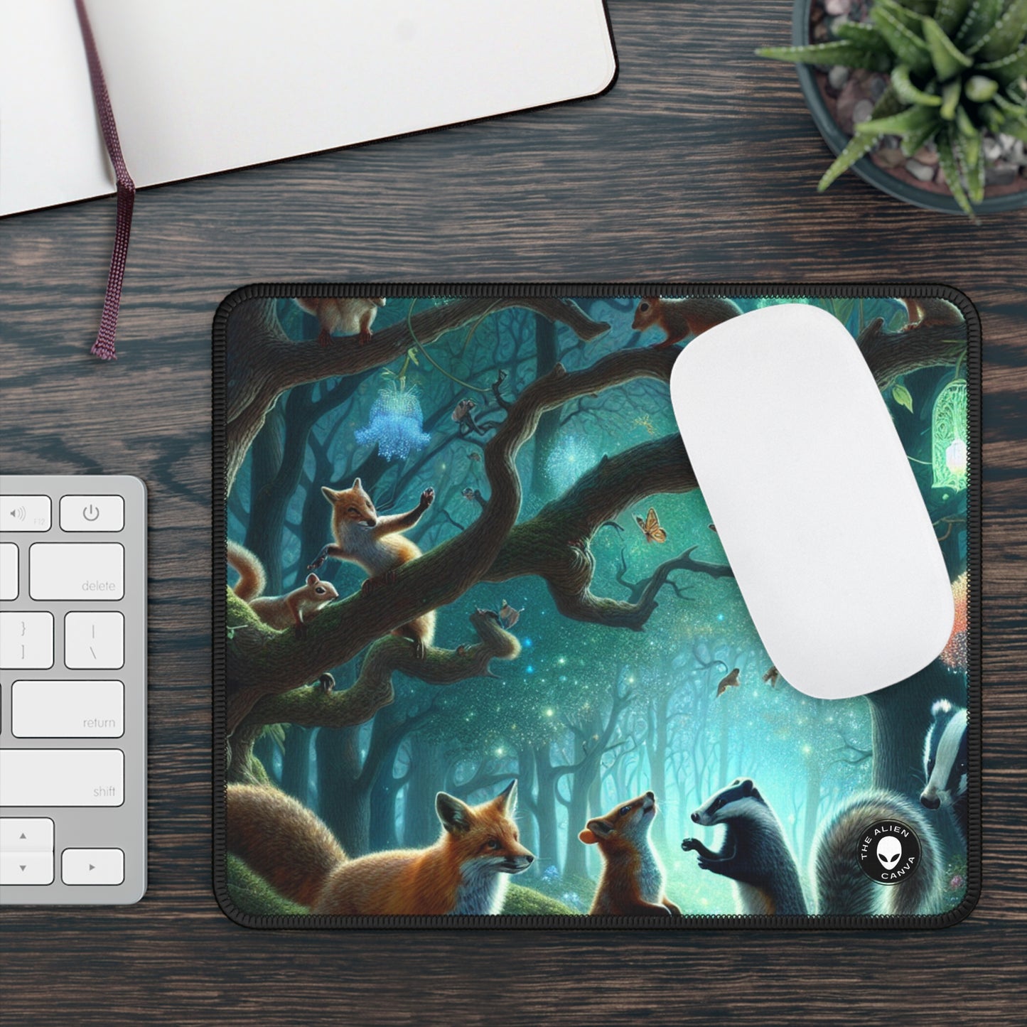 "Mystical Menagerie: Creatures frolicking in an enchanted forest" - The Alien Gaming Mouse Pad