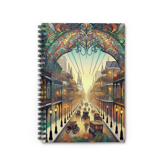 "Vivid Splendor: Una imagen del barrio francés de Nueva Orleans" - Cuaderno de espiral The Alien (línea rayada) Estilo Art Nouveau