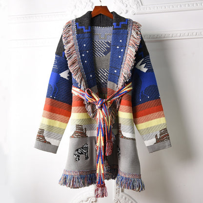 Printed embroidery stitching fringed wool coat