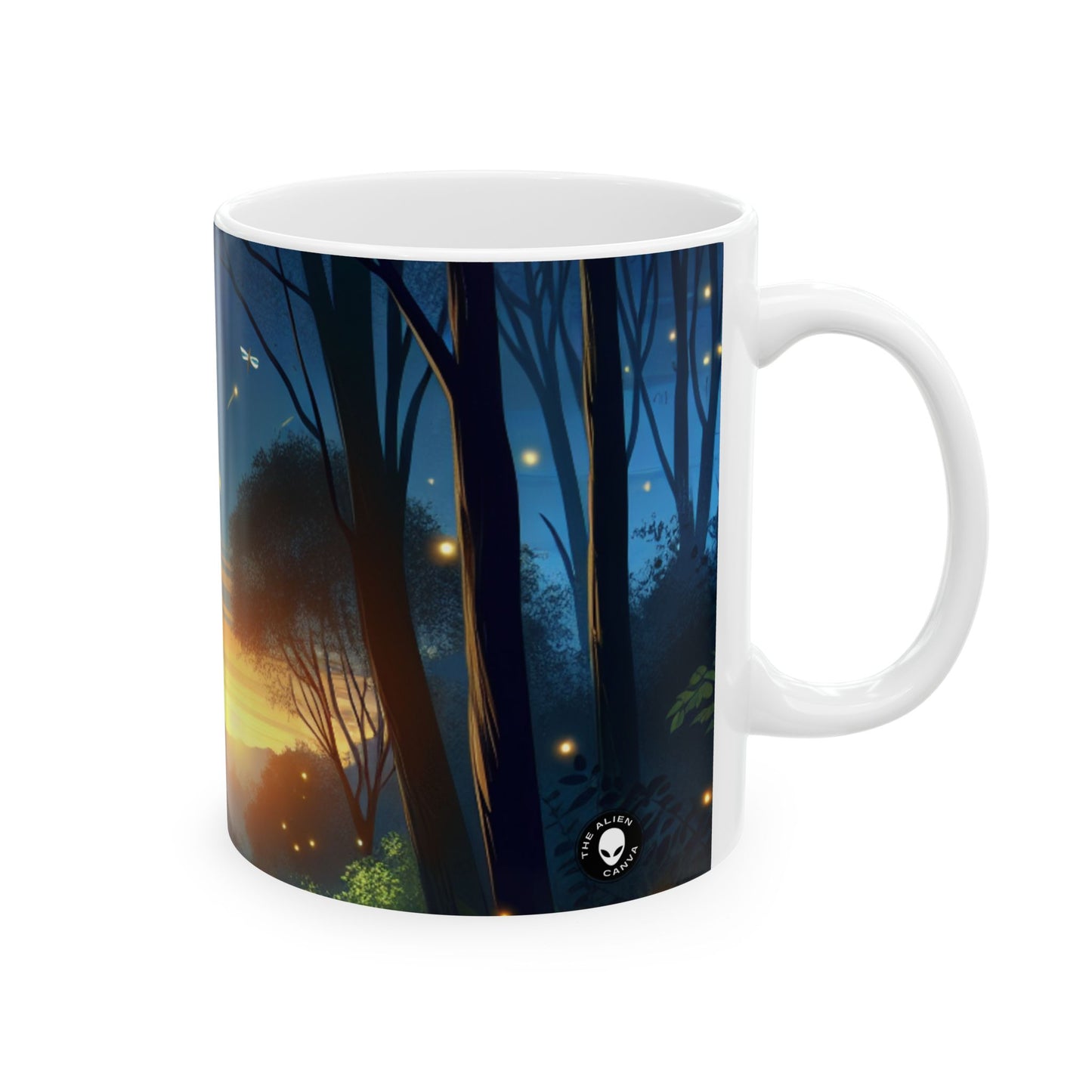 "Atardecer encantado: Luciérnagas en el bosque" - Taza de cerámica alienígena de 11 oz