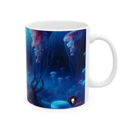 "Jellyfish Haven: Un mundo submarino surrealista" - Taza de cerámica alienígena de 11 oz