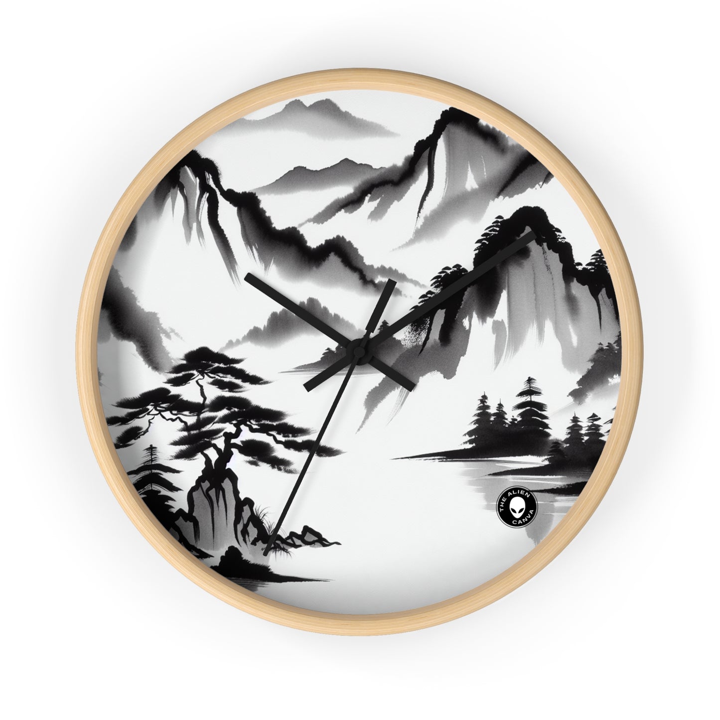 "Mountain Reflection: A Serene Zen Ink Painting" - The Alien Wall Clock Zen Ink Painting