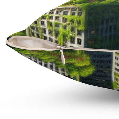 "El resurgimiento de la naturaleza: un paisaje urbano futurista" - La almohada cuadrada de poliéster hilado extraterrestre