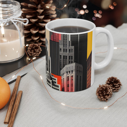 "A Contrast of Times: Classic Art Deco Skyscrapers and a Modern Cityscape" - The Alien Ceramic Mug 11oz Art Deco Style