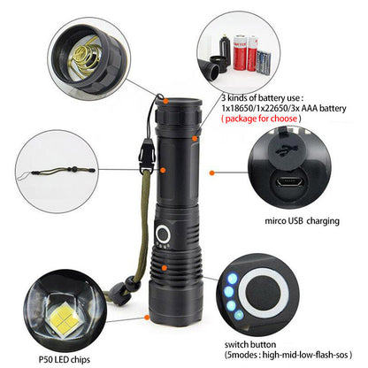 USB Charging Zoom P50 Flashlight