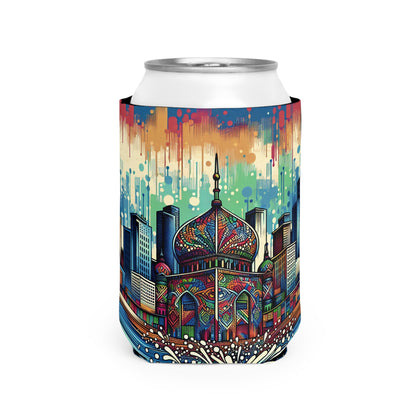 "Bright City: A Pop of Color on the Skyline" - The Alien Can Cooler Sleeve Street Art / Graffiti Style