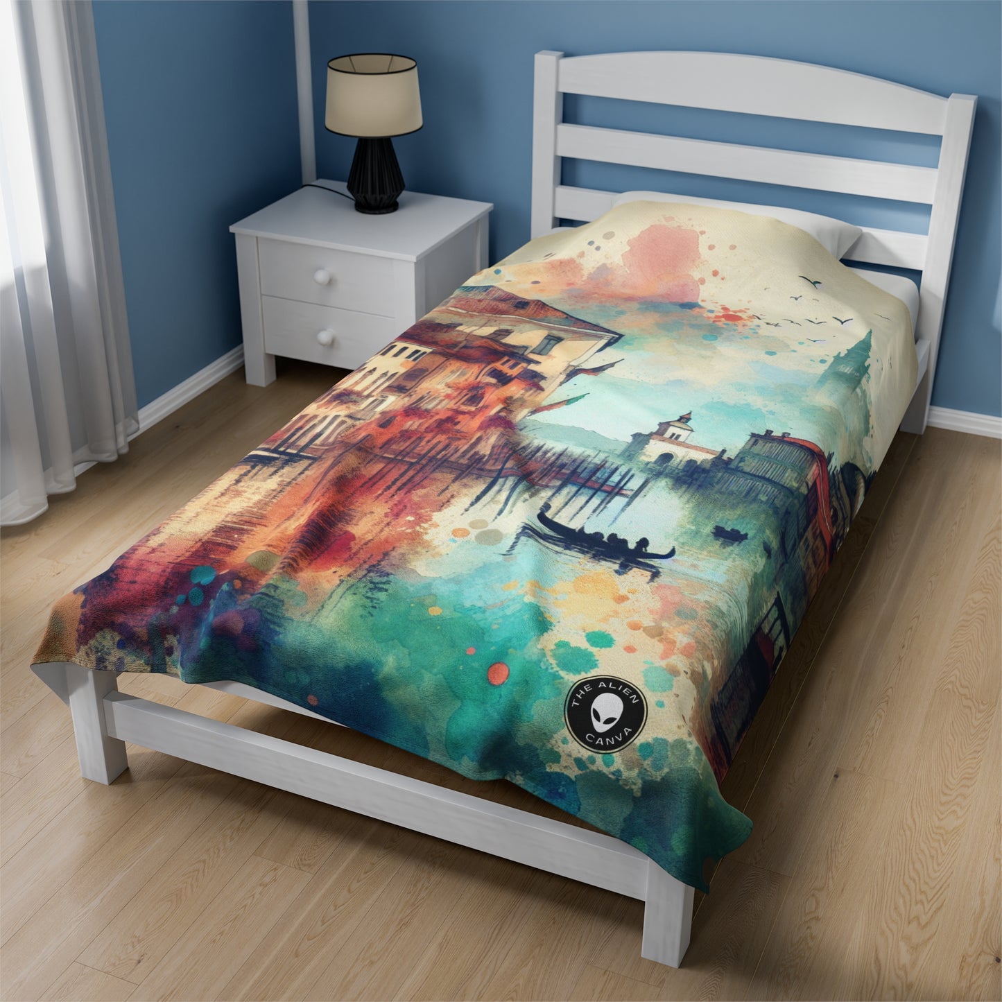 Tranquil Coast: A Serene Watercolor Sunset Painting - The Alien Velveteen Plush Blanket Watercolor Painting