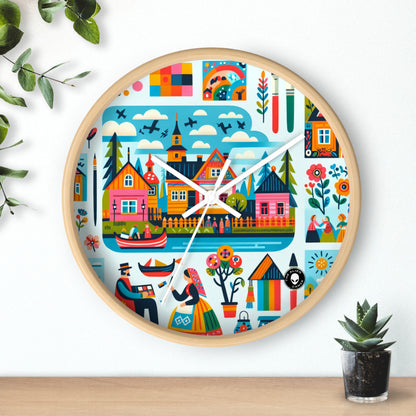 "Whimsical Village: A Folk Art Fairytale" - El reloj de pared alienígena Arte popular