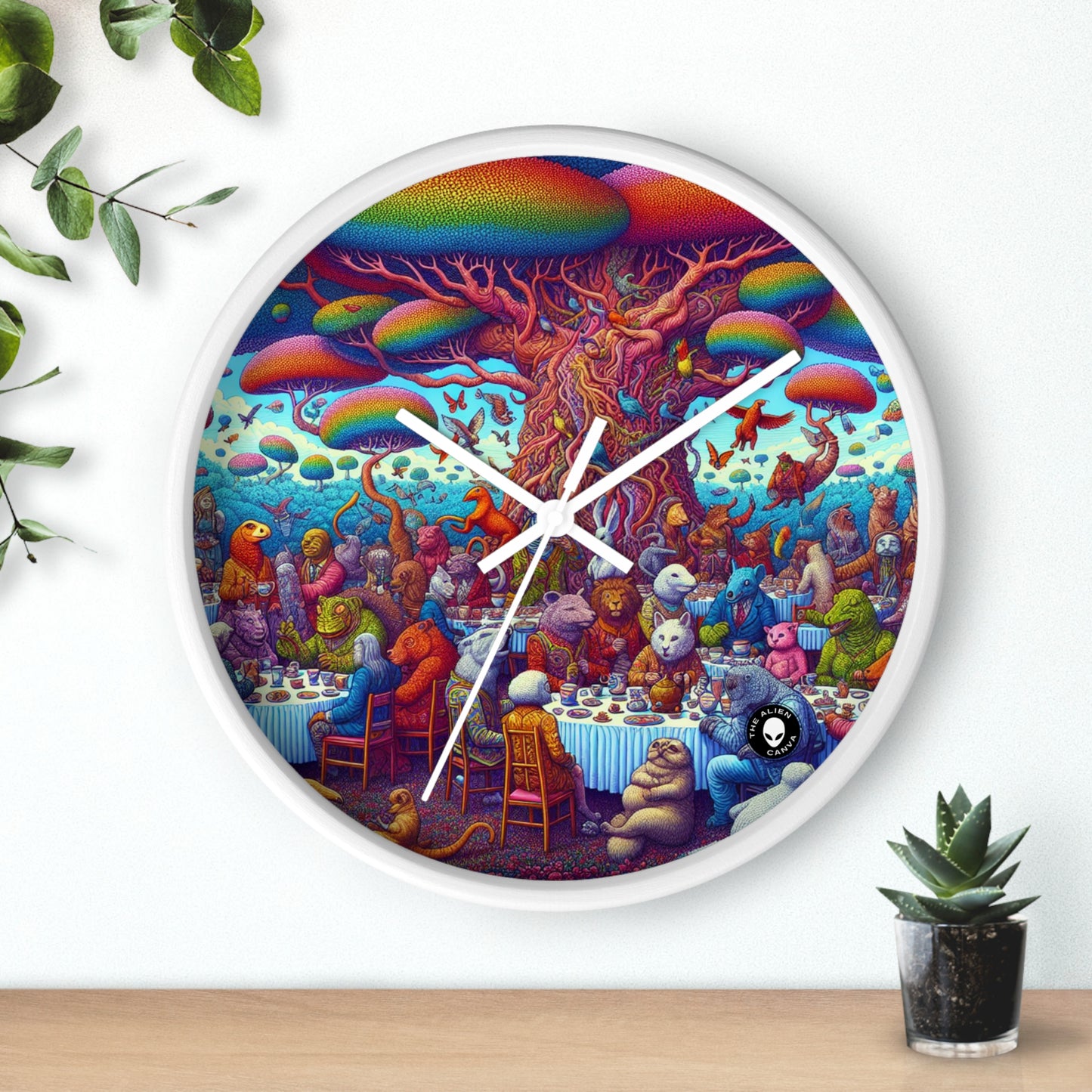 "Animal Tea Party in a Rainbow Wonderland" - The Alien Wall Clock