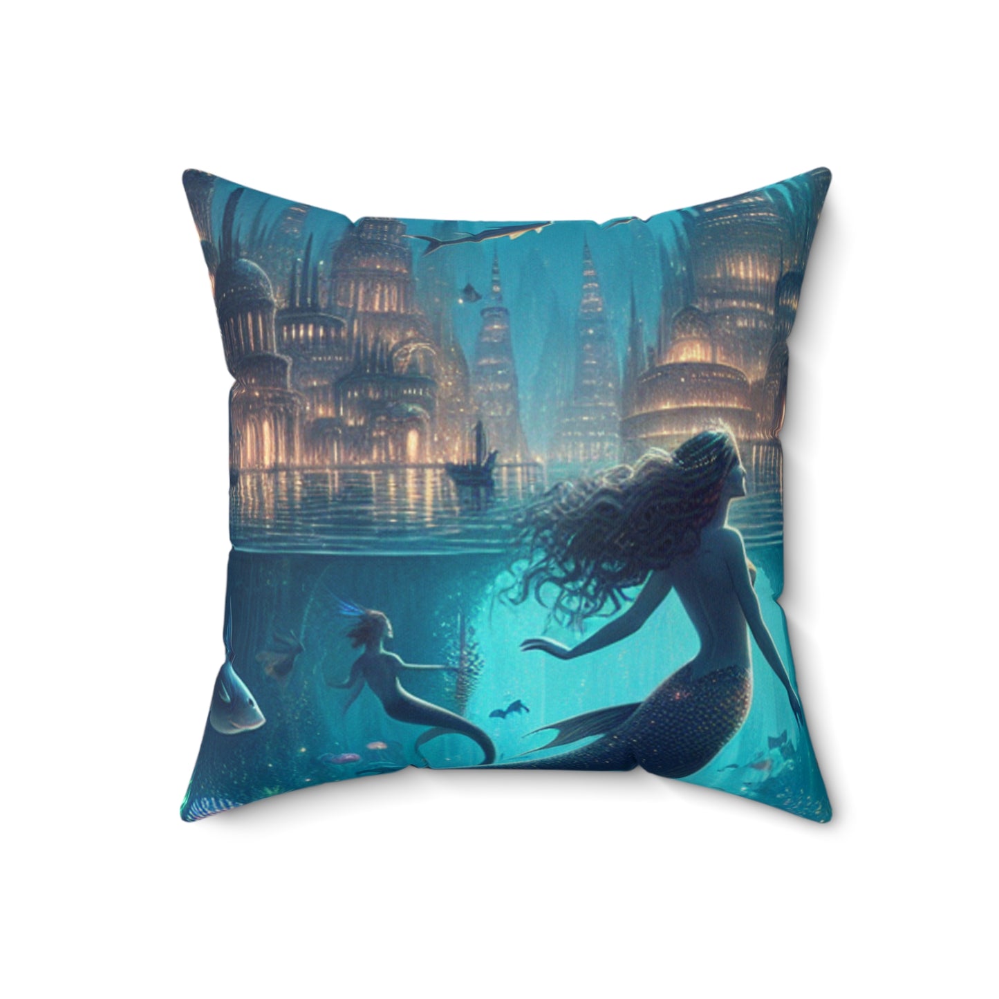 "Atlantis Illuminated: A City of Mystical Sea Creatures"- The Alien Spun Polyester Square Pillow