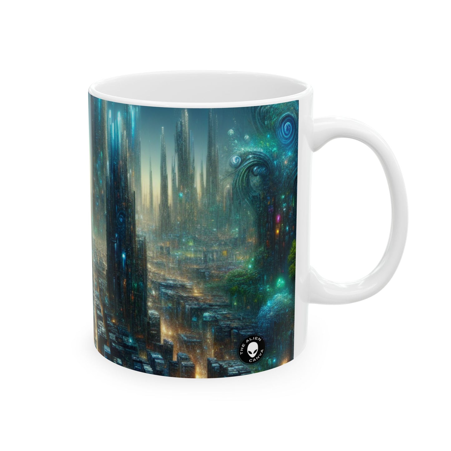 "Neon Oasis: un país de las maravillas urbano futurista" - Taza de cerámica The Alien de 11 oz