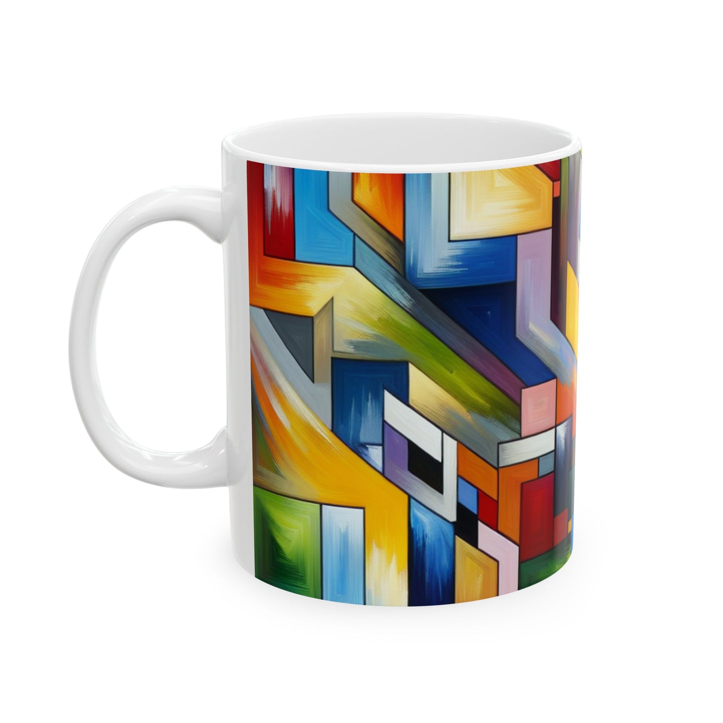 "City Pulse: Un voyage géométrique nocturne vibrant" - La tasse en céramique Alien 11oz Peinture à bords durs