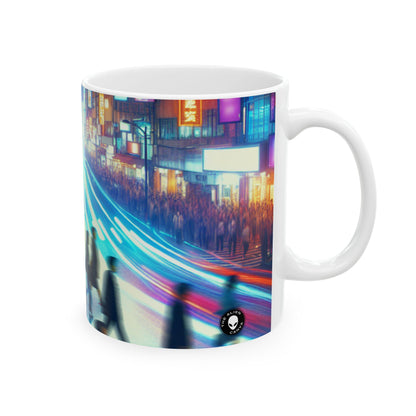 "Calle de noche de neón" - Taza de cerámica alienígena de 11 oz