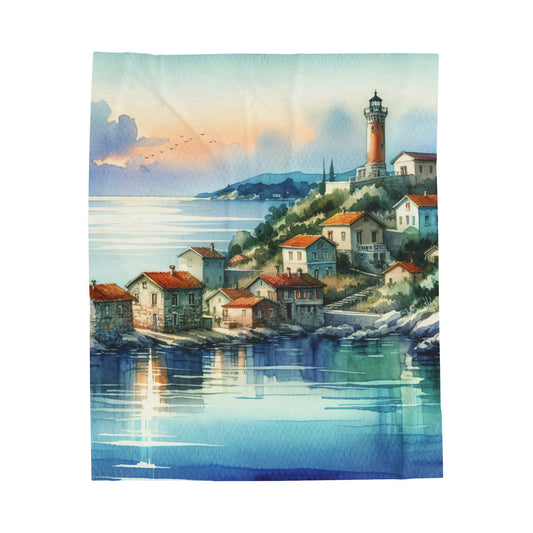 "Glimpse of a Seaside Haven" - The Alien Velveteen Plush Blanket Watercolor Painting Style