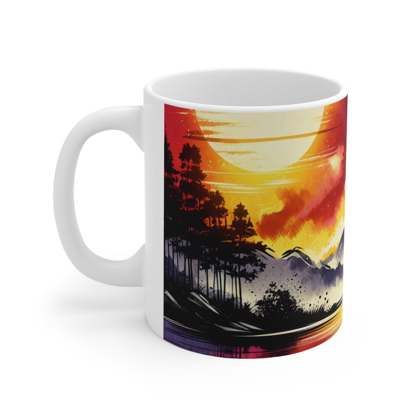 "A Pastel Sunset Symphony" - Taza de cerámica alienígena con pintura de lavado de tinta de 11 oz