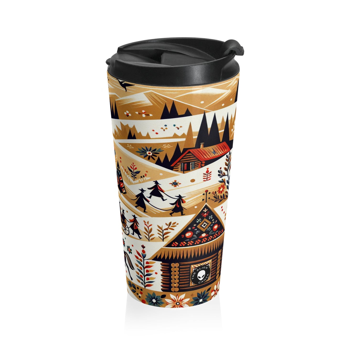 "Ukrainian Village Symphony: A Colorful Folk Art Reflection" - The Alien Stainless Steel Travel Mug Folk Art