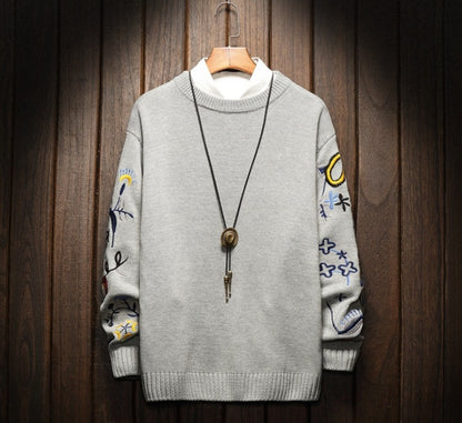 Printed embroidery crew neck sweater