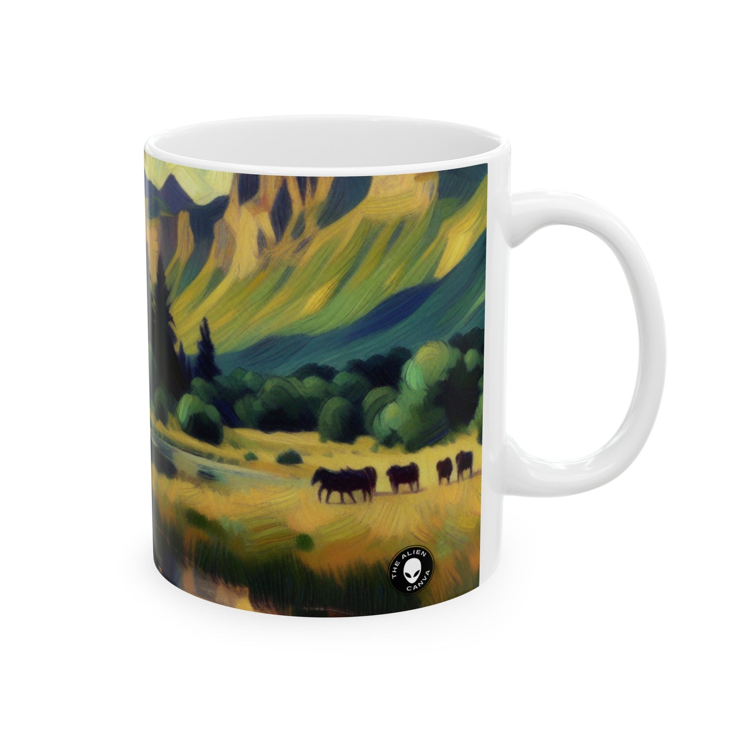 "Crépuscule à la campagne : une peinture postimpressionniste vibrante" - La tasse en céramique Alien 11oz postimpressionnisme