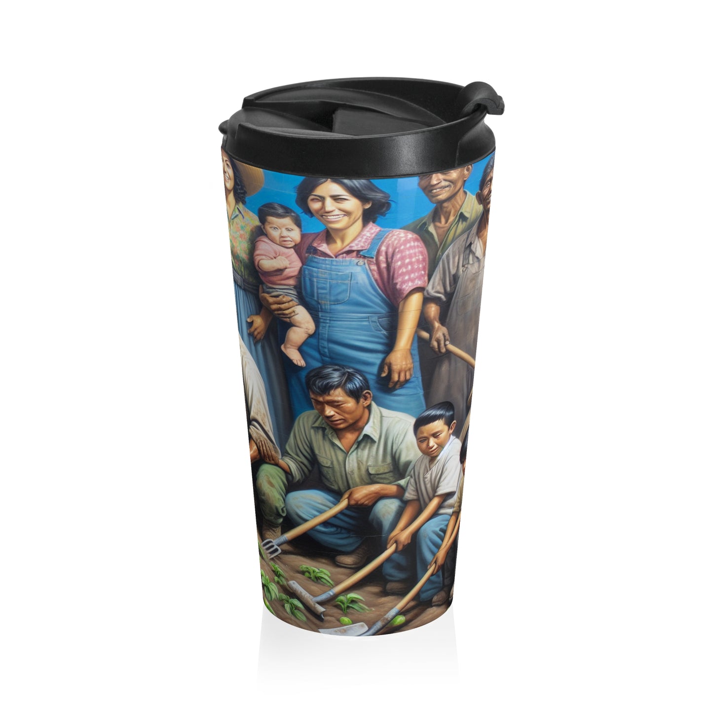 "Reaping Hope: A Migrant Family in the Garden" - The Alien Stainless Steel Travel Mug Social Realism Style