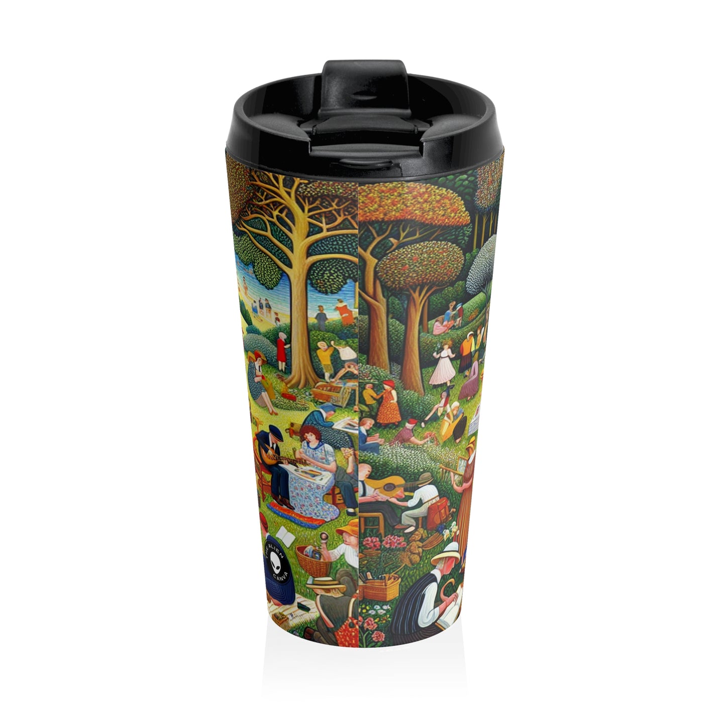 "Whimsical Village Delights" - La taza de viaje alienígena de acero inoxidable Naïve Art