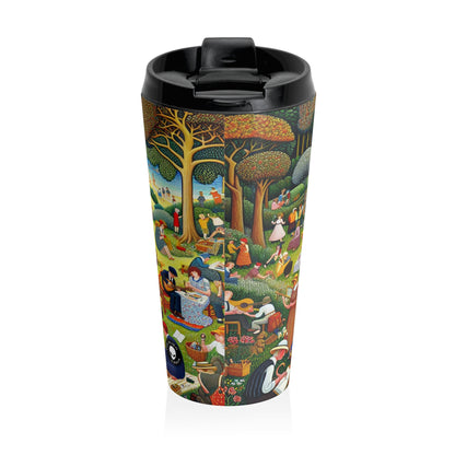 "Whimsical Village Delights" - Mug de voyage en acier inoxydable The Alien Naïve Art