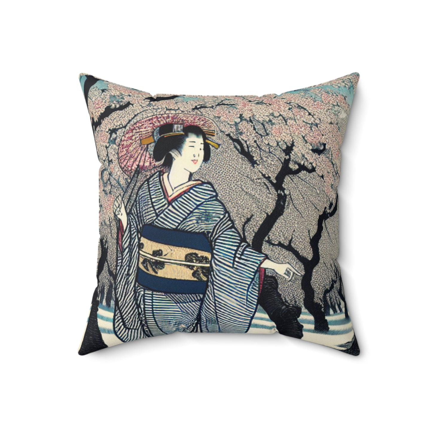 "Blossoming Sky" - La almohada cuadrada de poliéster hilado alienígena Ukiyo-e (impresión en madera japonesa)