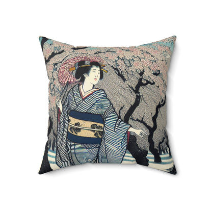 "Blossoming Sky" - La almohada cuadrada de poliéster hilado alienígena Ukiyo-e (impresión en madera japonesa)