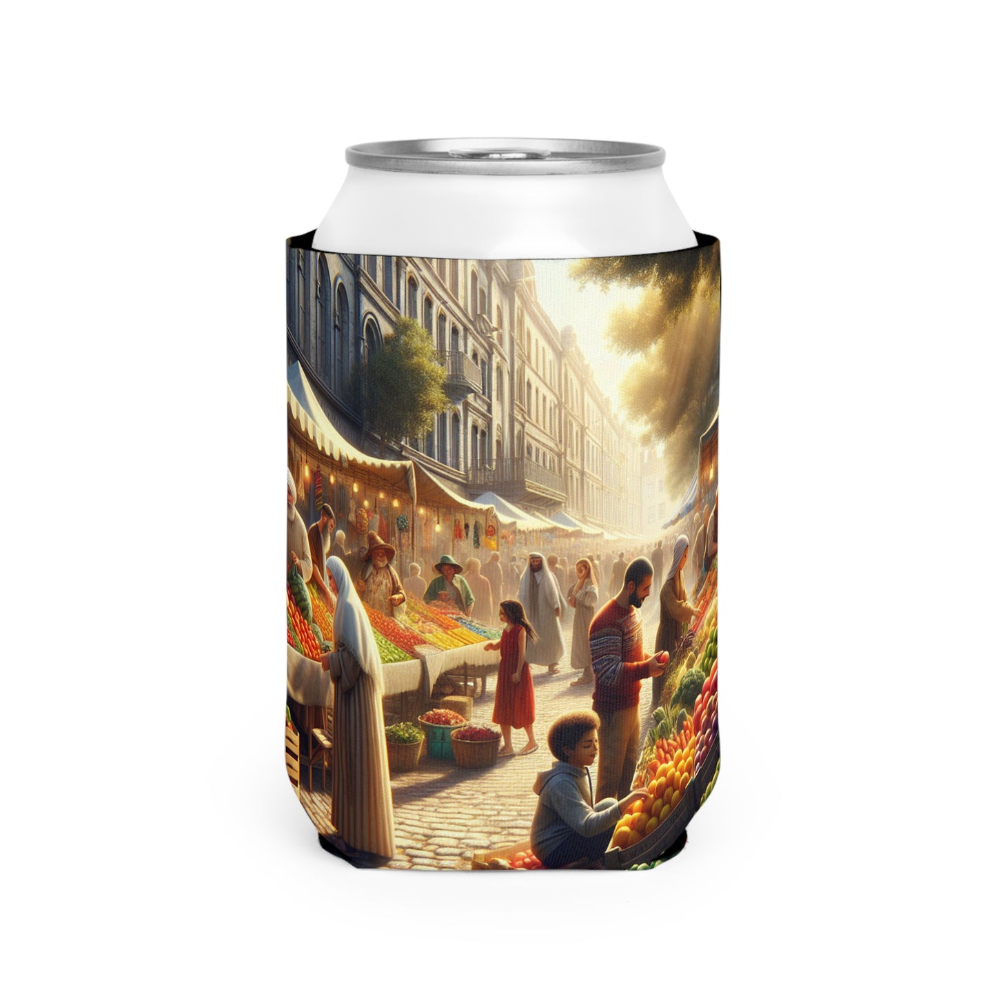 "Sunny Vibes at the Outdoor Market" - The Alien Can Cooler Sleeve Realism Style