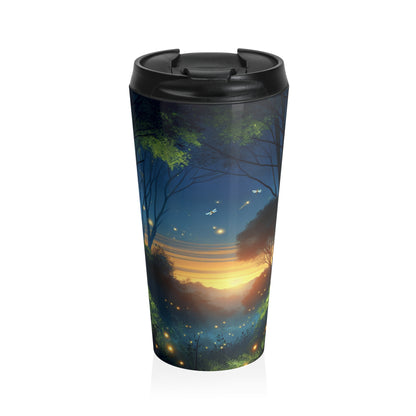 "Atardecer encantado: Luciérnagas en el bosque" - Taza de viaje de acero inoxidable de The Alien