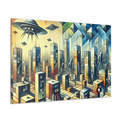 "Cubism in a Futuristic, Alien-Invaded City". - The Alien Canva A futristic city invaded by aliens in cubism art style