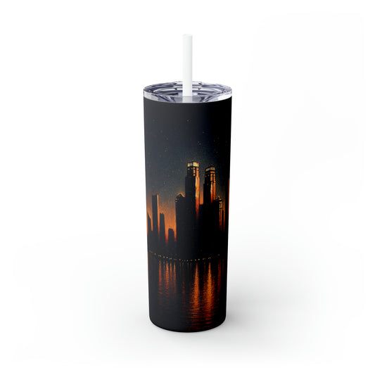 "The City Aglow" - The Alien Maars® Skinny Tumbler with Straw 20oz Post-Impressionism Style