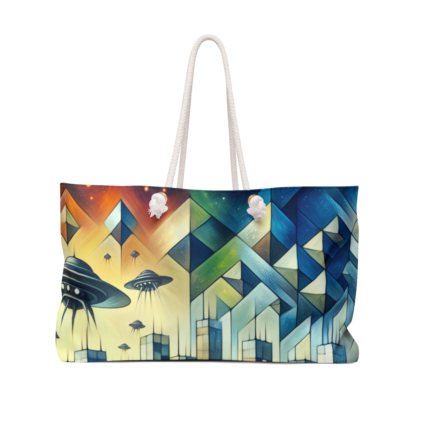 "Cubism in a Futuristic, Alien-Invaded City". - The Alien Weekender Bag A futristic city invaded by aliens in cubism art style