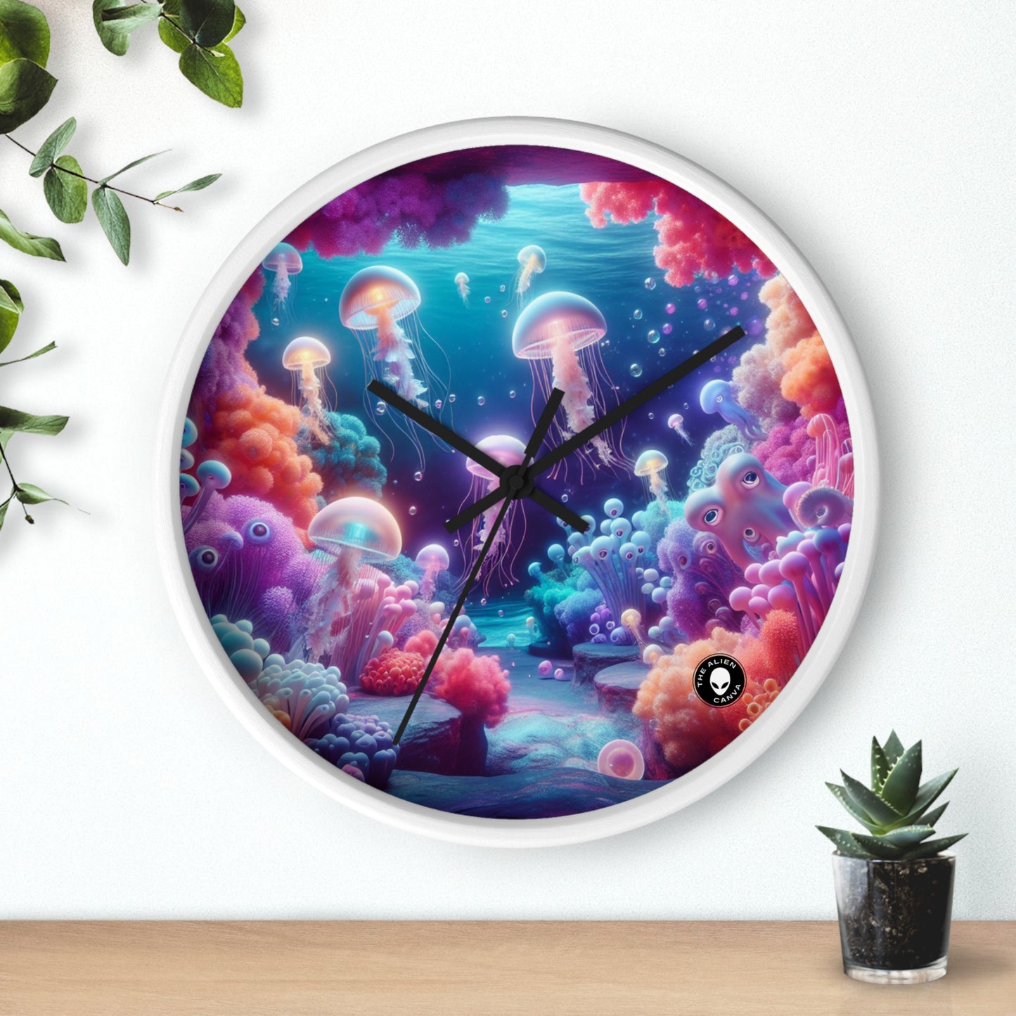 Enchanting Underwater Realm: Glowing Jellyfish and Curious Octopus - The Alien Wall Clock