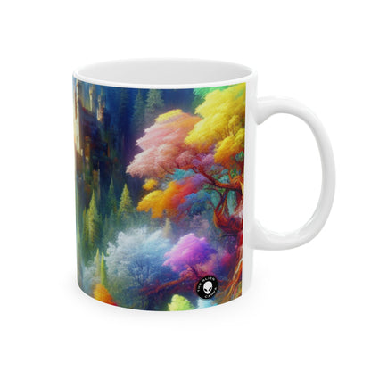 "Encantamiento resplandeciente: El castillo en el bosque colorido" - Taza de cerámica alienígena de 11 oz