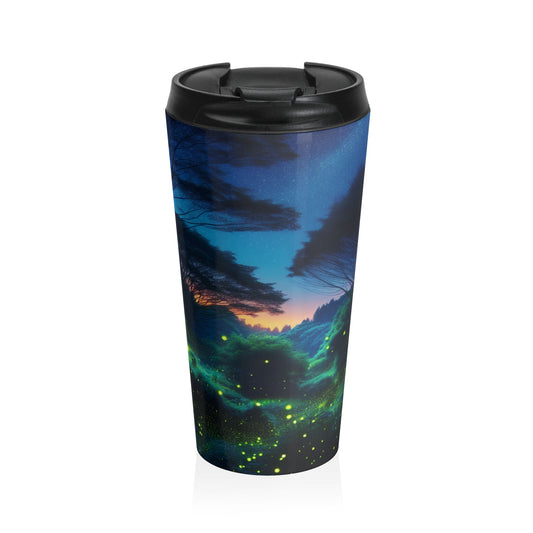 "Noche encantada: Luciérnagas en el bosque" - Taza de viaje de acero inoxidable de The Alien