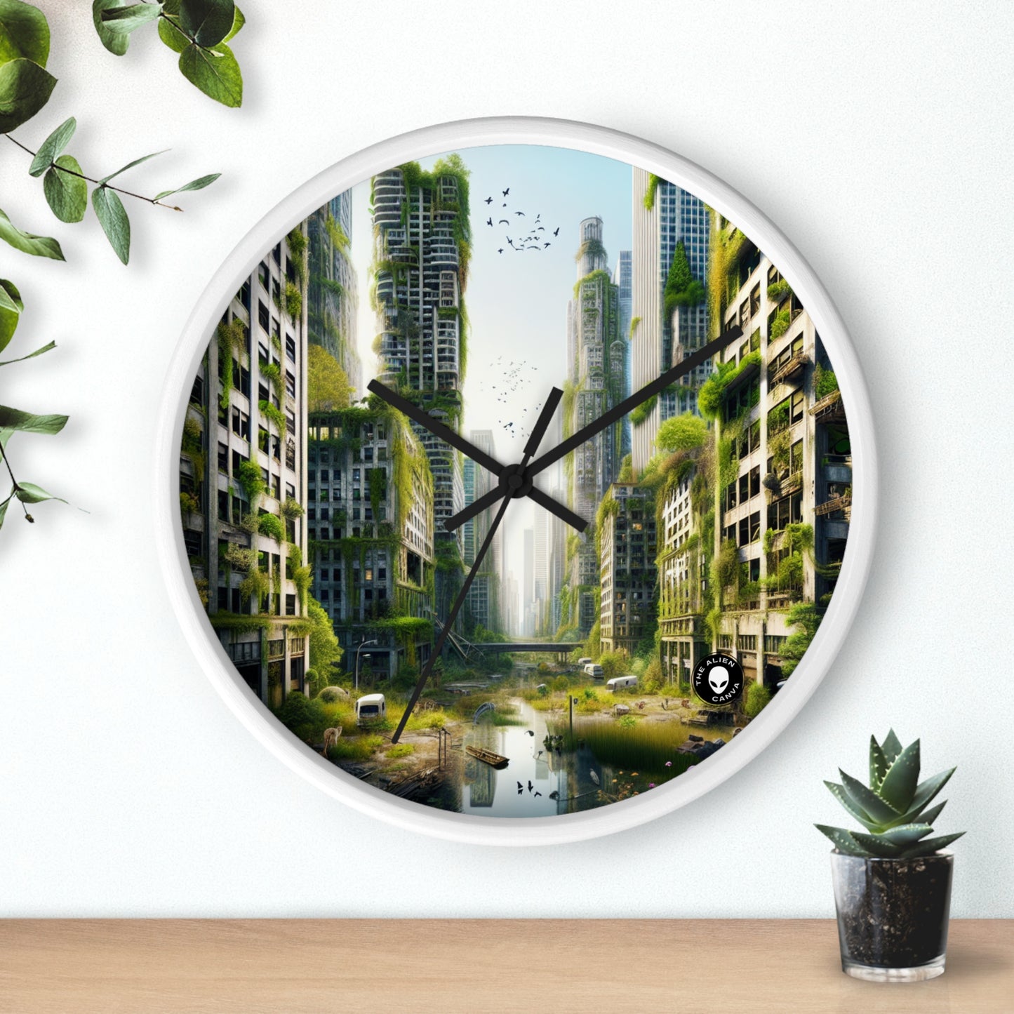 "Nature's Reclamation: A Futuristic Urban Jungle" - The Alien Wall Clock