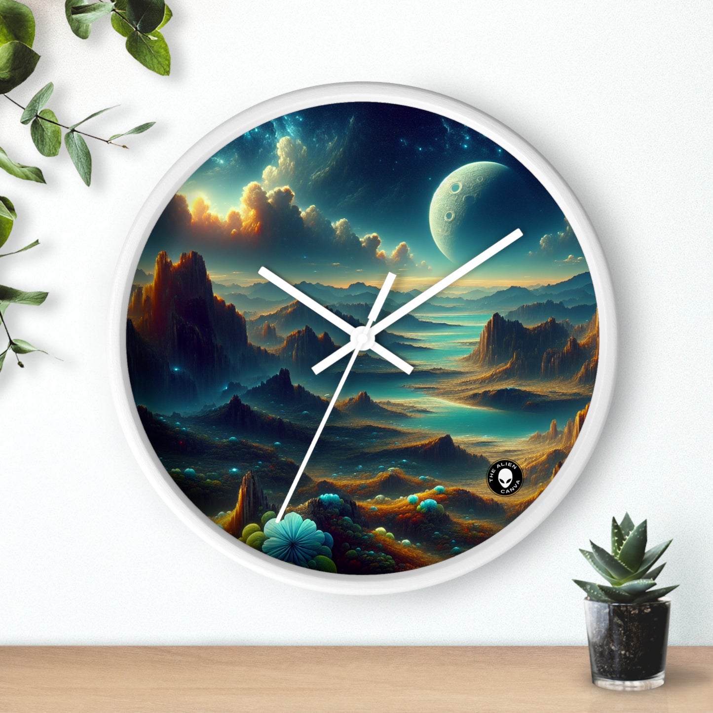 "Un Sueño Extraño: Un Mundo Desconocido en Detalle" - The Alien Wall Clock planetas no descubiertos en estilo hyperrealista