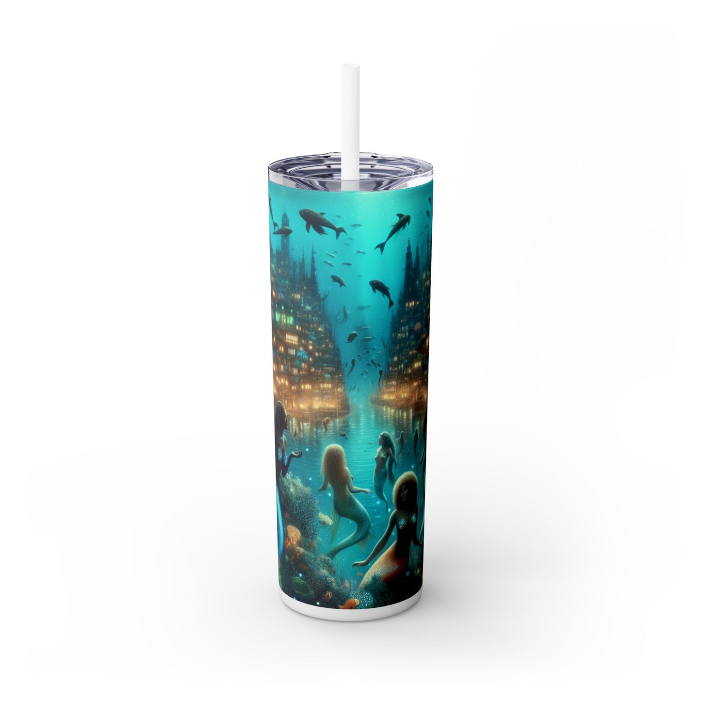 "Profundidades relucientes: la ciudad submarina encantada" - Vaso delgado con pajita de 20 oz de Alien Maars®