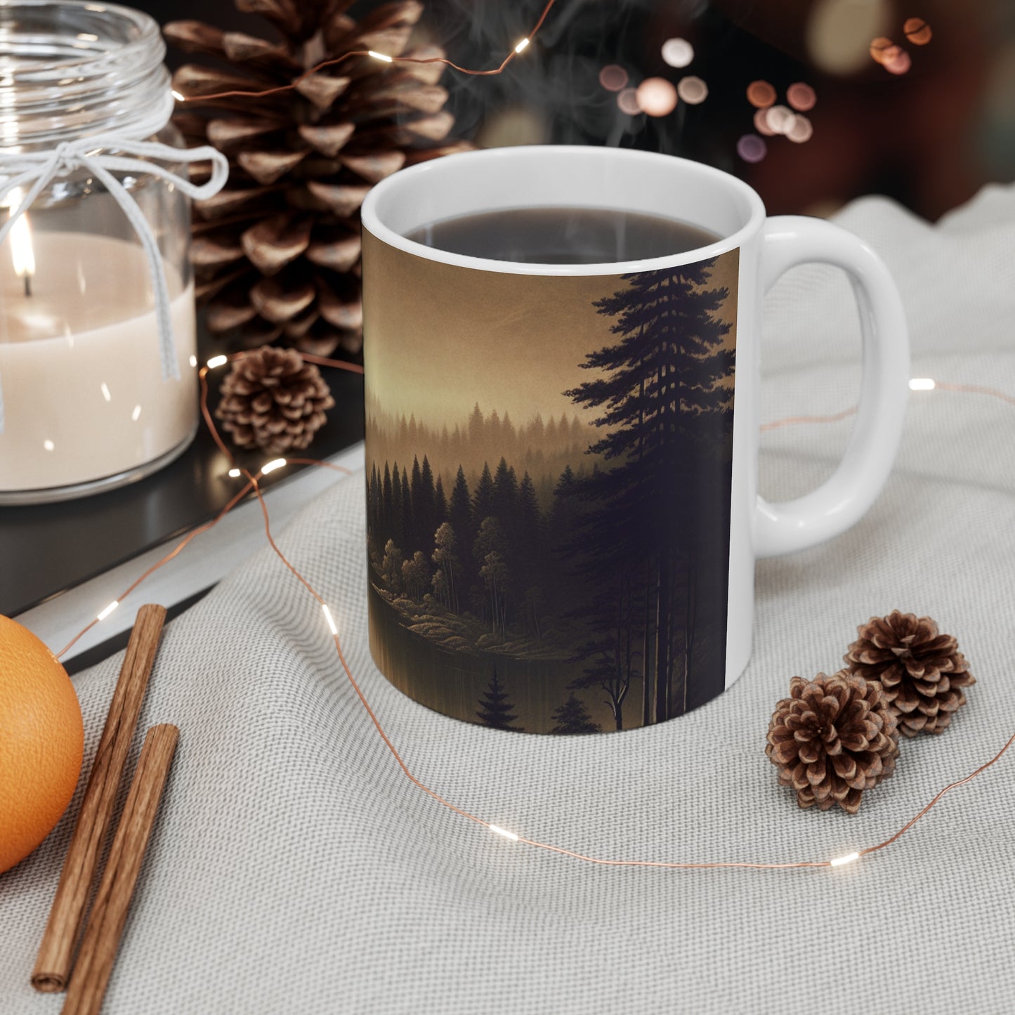 "Amanecer en el lago: una mañana de montaña brumosa" - Taza de cerámica alienígena estilo tonalismo de 11 oz