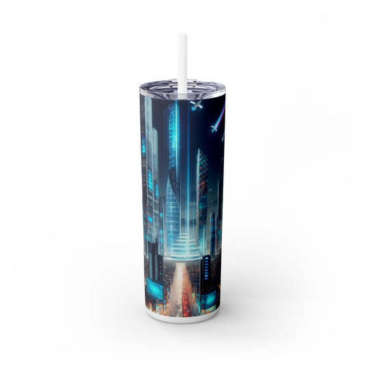 "Paisaje urbano del futuro: un horizonte de coches voladores y luces de neón" - Vaso delgado con pajita de 20 oz de Alien Maars®