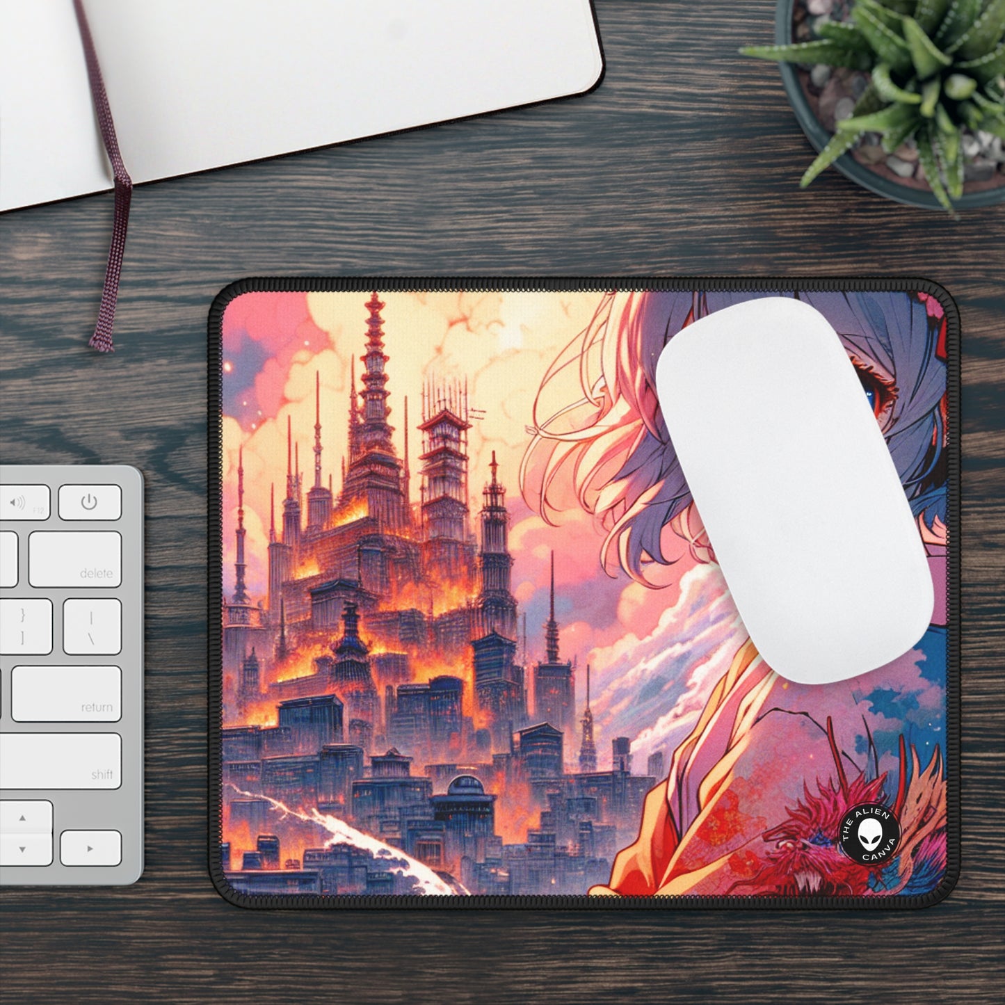 Título: "Swords ablaze: The Elemental Duel" - The Alien Gaming Mouse Pad Manga/Anime Art