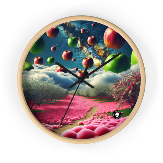 "Apple Sky and Pink Flower Carpet: A Surreal Landscape" - The Alien Wall Clock