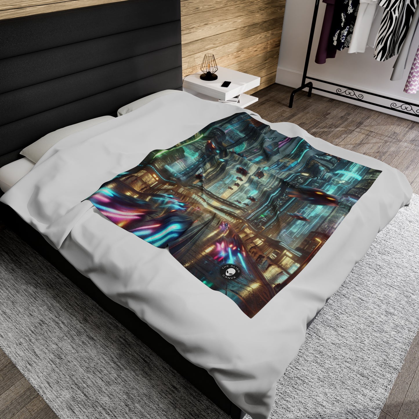 Neon Rain: A Futuristic Cityscape - The Alien Velveteen Plush Blanket