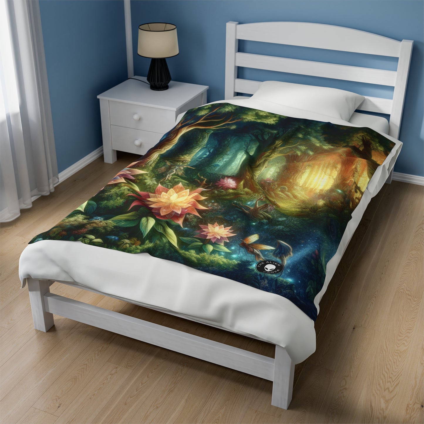 Enchanted Woodland: Glowing Blossoms and Mystical Beings - The Alien Velveteen Plush Blanket