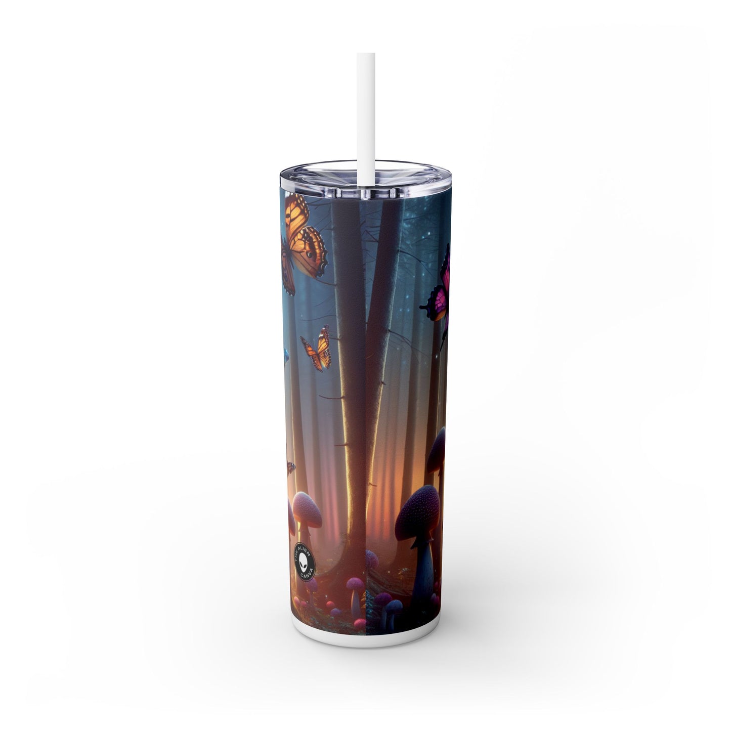 "Bosque crepuscular: mariposas revoloteando y hongos imponentes" - Vaso delgado con pajita de 20 oz de Alien Maars®