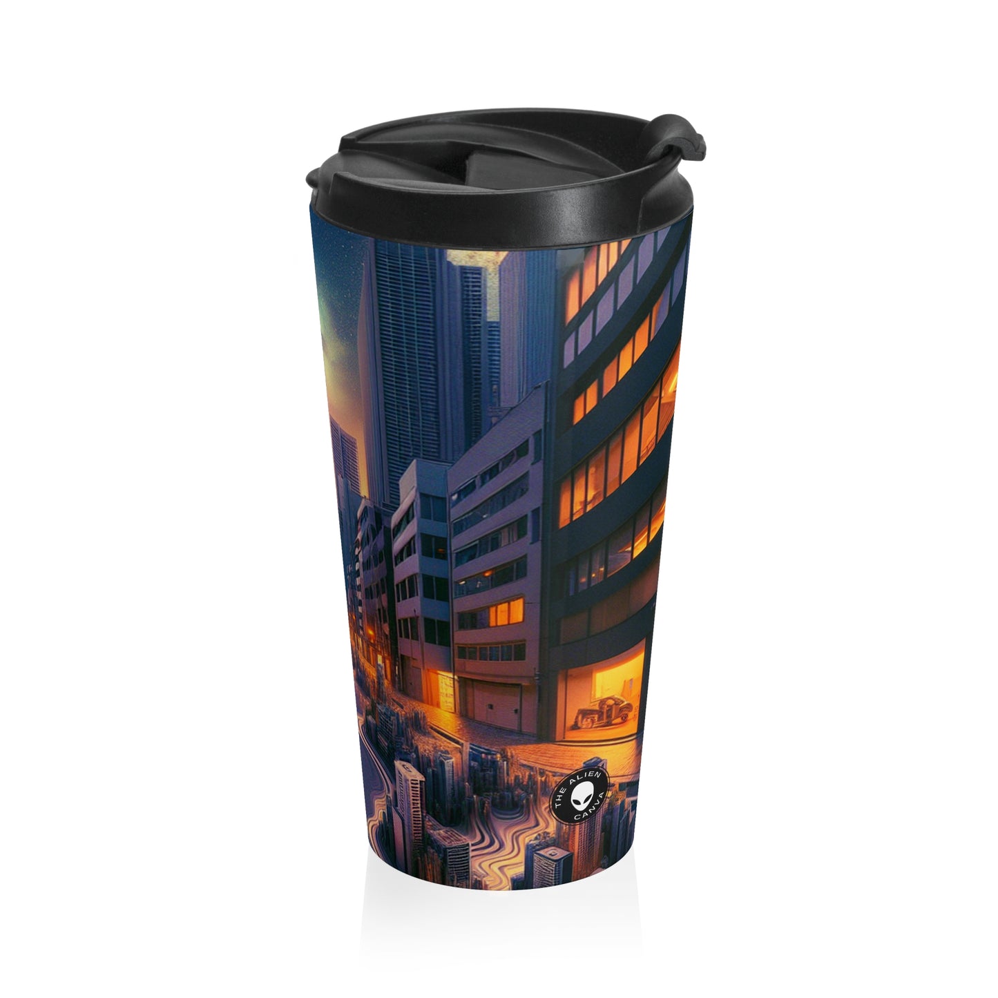 "Melting City: una vista nocturna surrealista" - Taza de viaje de acero inoxidable The Alien