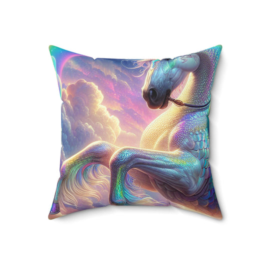 "La aventura de la sirena y el unicornio": almohada cuadrada de poliéster hilado de The Alien