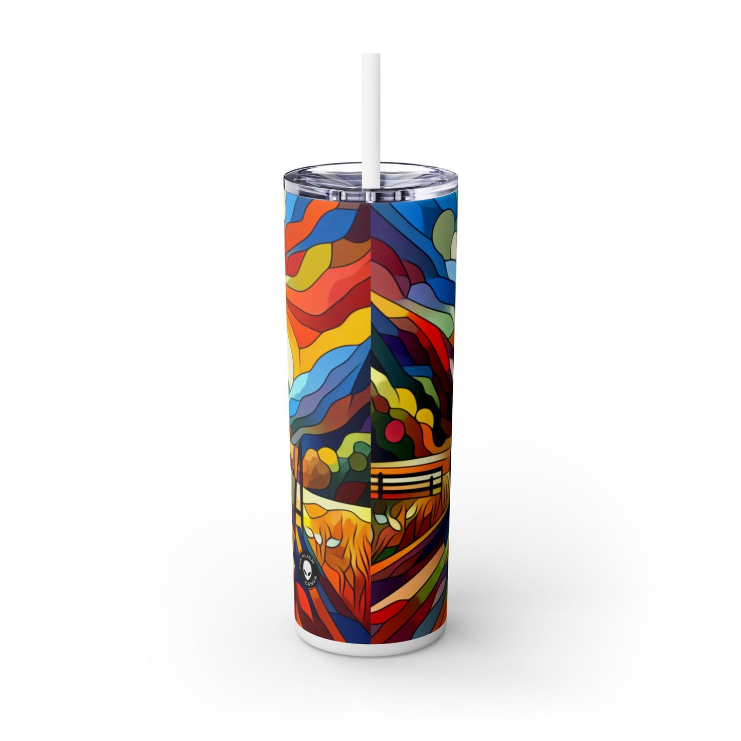 "Futuristic Neon Cityscape" - The Alien Maars® Skinny Tumbler with Straw 20oz Hard-edge Painting